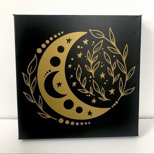 Gold Crescent Moon Botanical Canvas - Celestial Witchy Wall Art 12x12